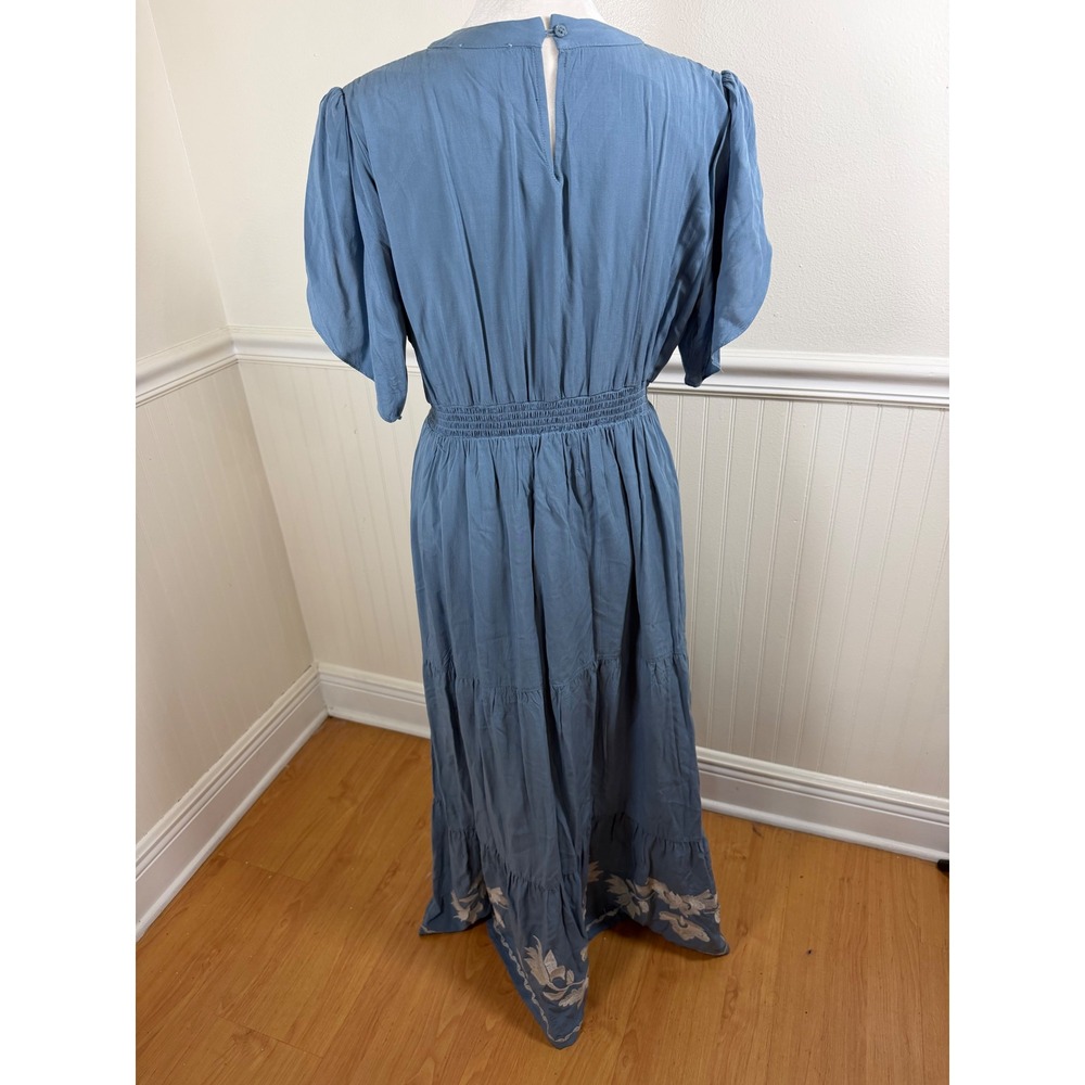 Bohme Maxi Dress Women Large Blue Floral Embroidered Smocked Waist PSD1844A-BM - Picture 4 of 9